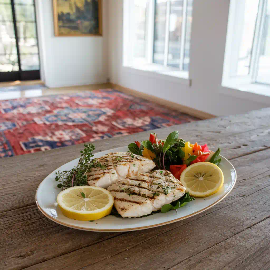 Grilled white fish with lemon and vegetables