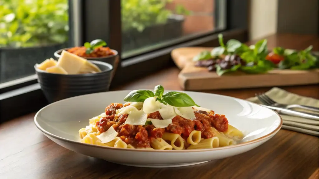 A Bowl Of Campanelle Pasta With Bolognese Sauce And Basil