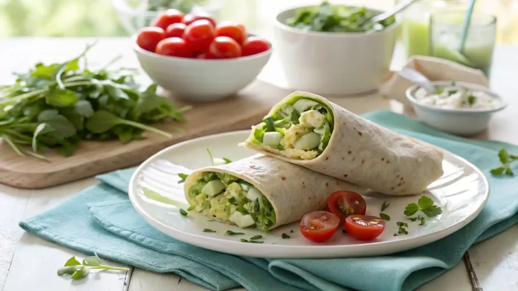 This creative serving of edamame egg salad in a wrap is perfect for a light and healthy lunch, paired with fresh greens and cherry tomatoes