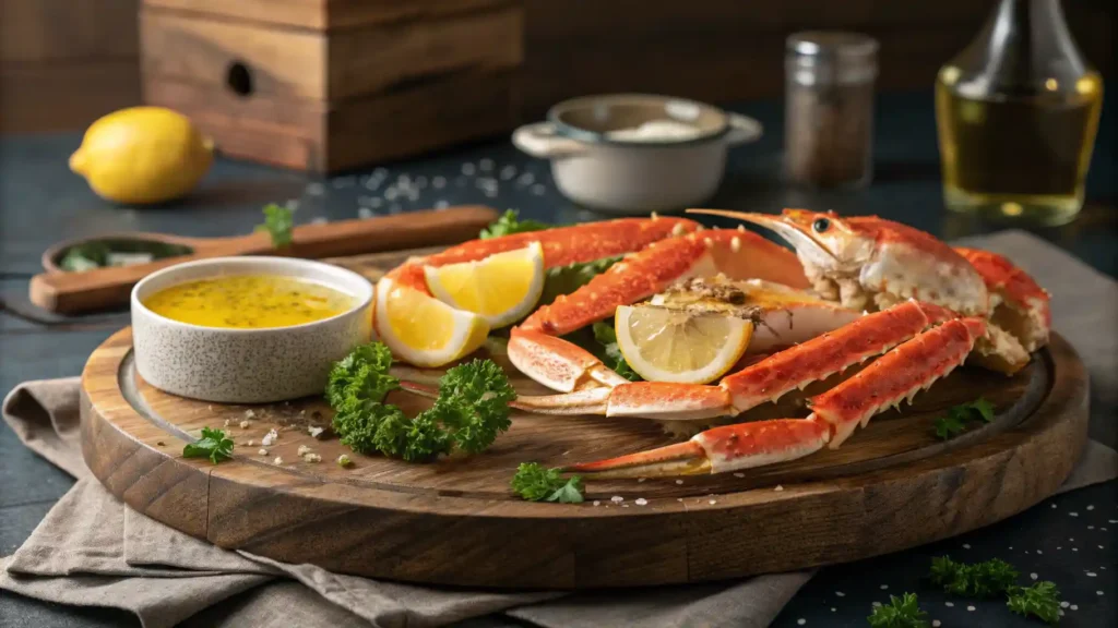 A Gourmet Seafood Platter With Snow Crab Legs, Butter, And Lemon
