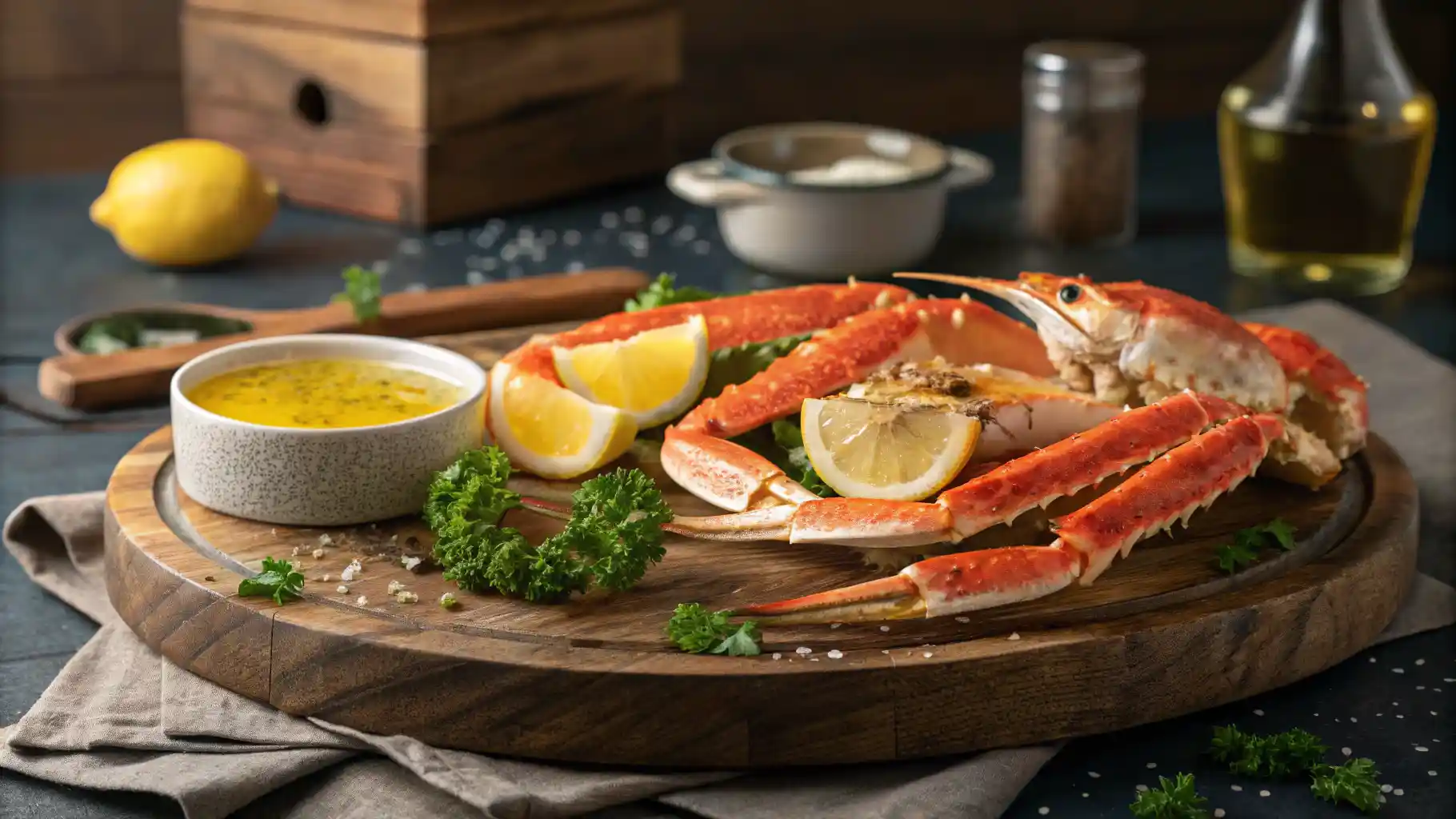 A Gourmet Seafood Platter With Snow Crab Legs, Butter, And Lemon