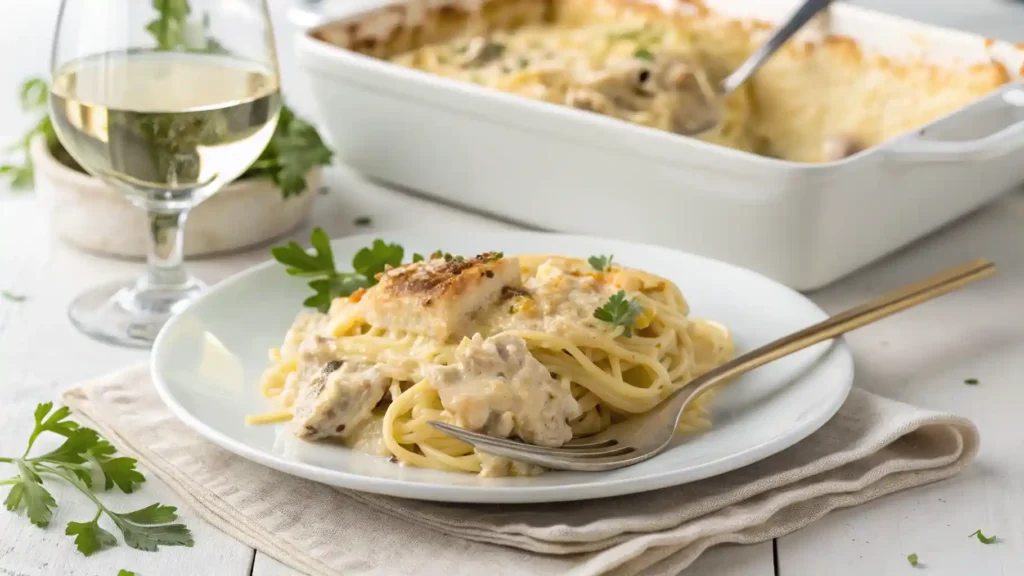 A Serving Of Chicken Tetrazzini On A White Plate With A Fork