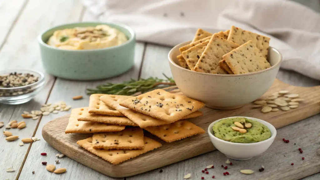 A Variety Of Crackers On A Rustic Table With Dips