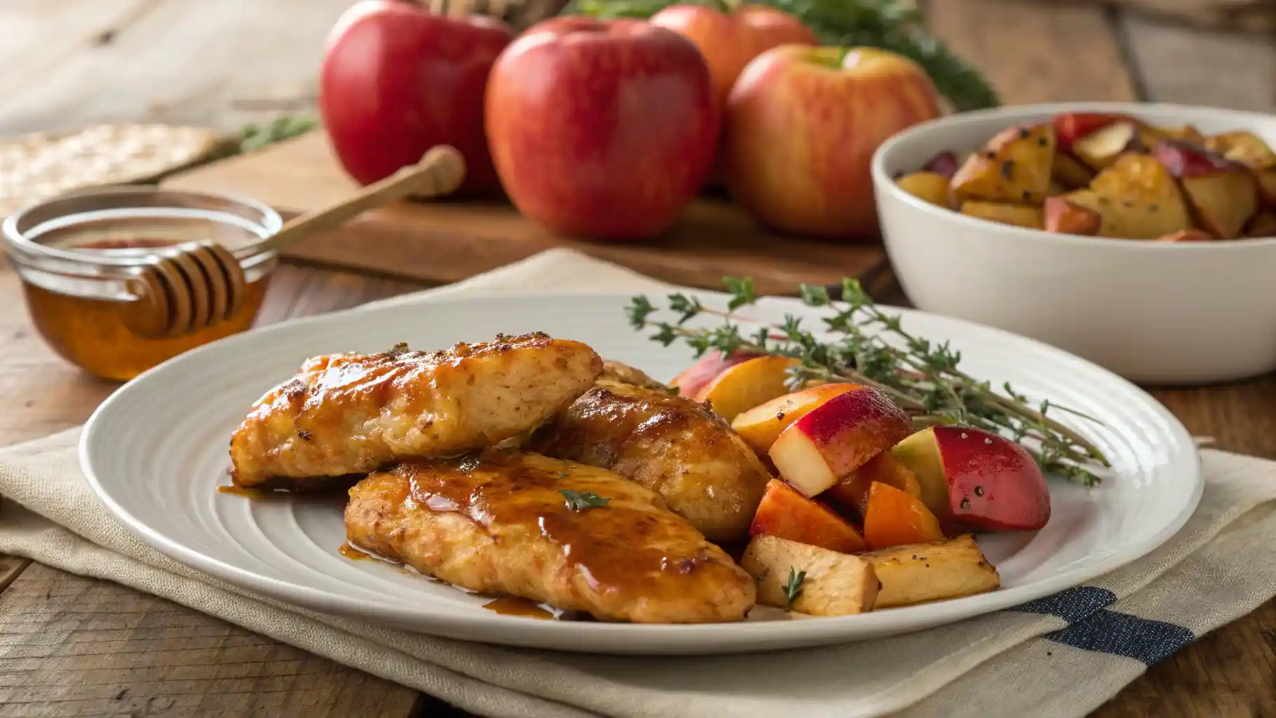 Plate of apple and honey-glazed chicken tenders with roasted vegetables.