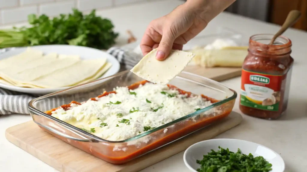 Assembling Barilla Lasagna With Ricotta Mixture And Pasta Sheets