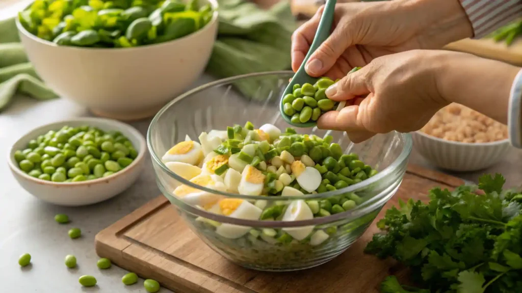 Hands assembling edamame egg salad in a bowl.