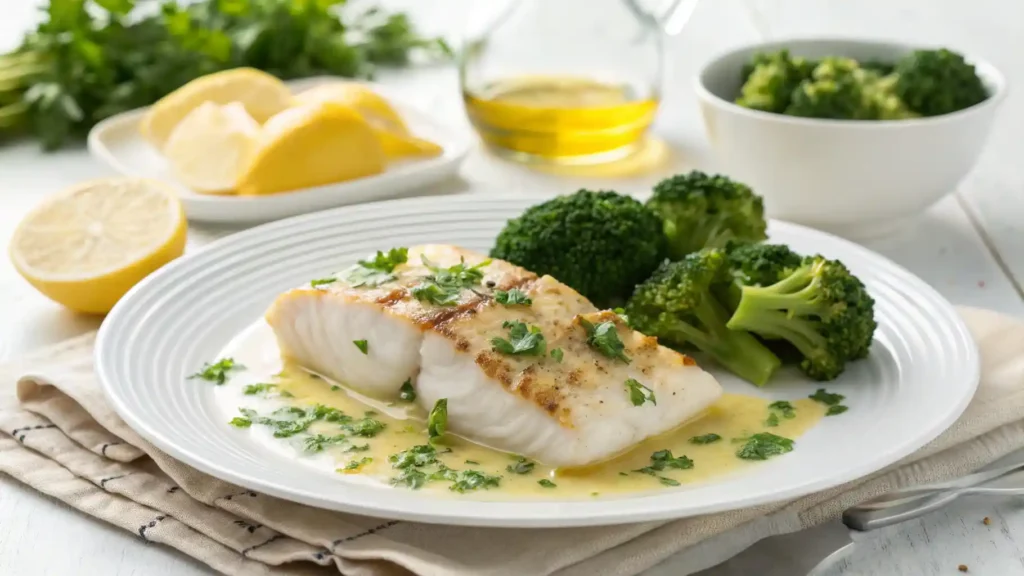 Baked cod with broccoli and lemon wedge