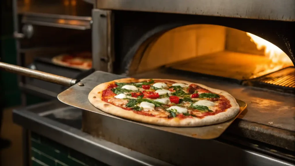 Pizza with Sweet Tomato and Chimichurri Entering the Oven