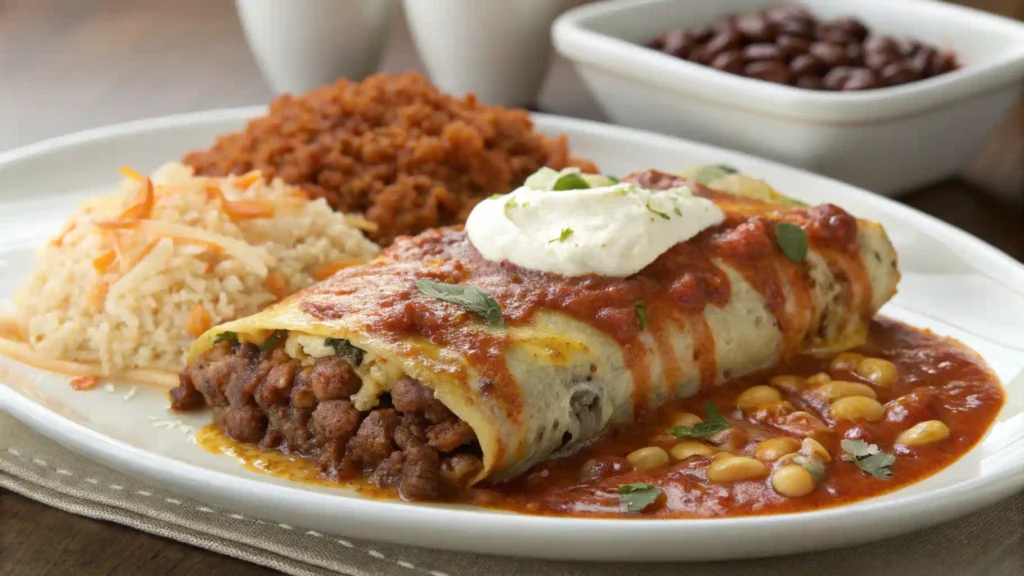 Delicious plate of Boulders Enchilada with layers of cheese and sauce, ready to enjoy.