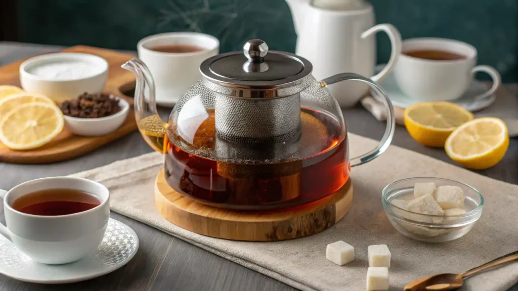 Brewing a breakfast tea blend in a glass teapot with milk and sugar.