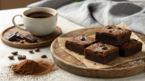 Fudgy brownies with coffee on a wooden platter.