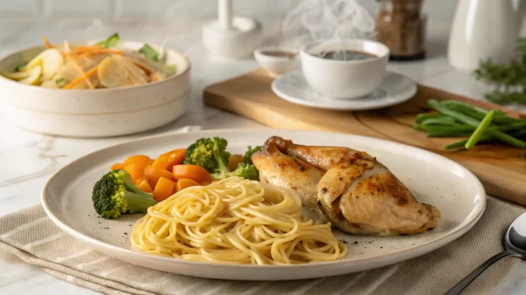 Cafeteria noodles served with roasted chicken and vegetables.