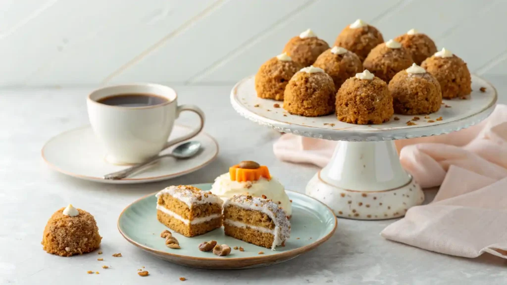  Tiered dessert stand displaying carrot cake bombs with coffee.