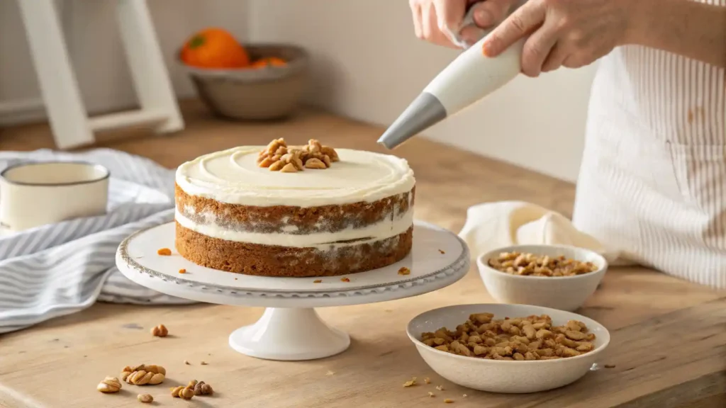 Partially frosted carrot cake with cream cheese frosting and decorating tools.