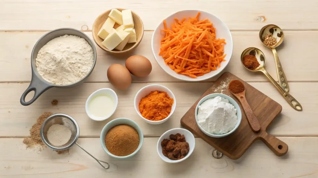 Ingredients for carrot cake including grated carrots and cream cheese.