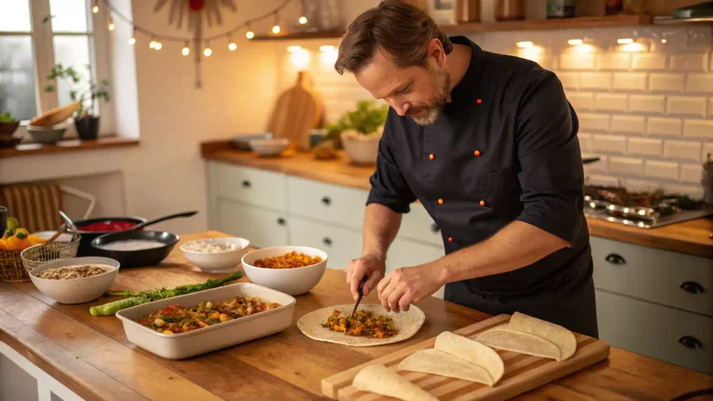 Chef preparing vegetable enchiladas in a cozy kitchen.