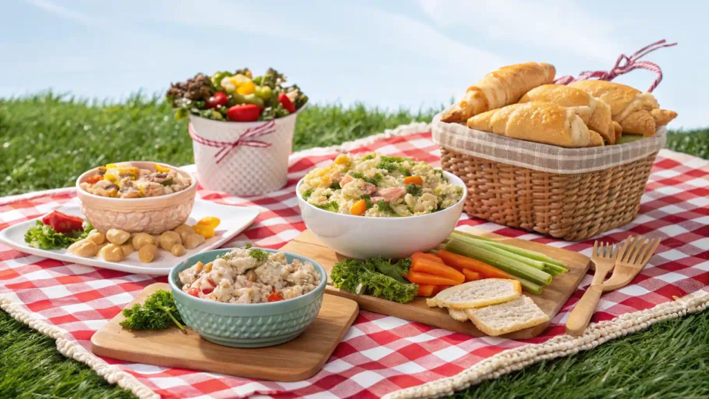 A picnic spread with various Chicken Salad Chick recipes.