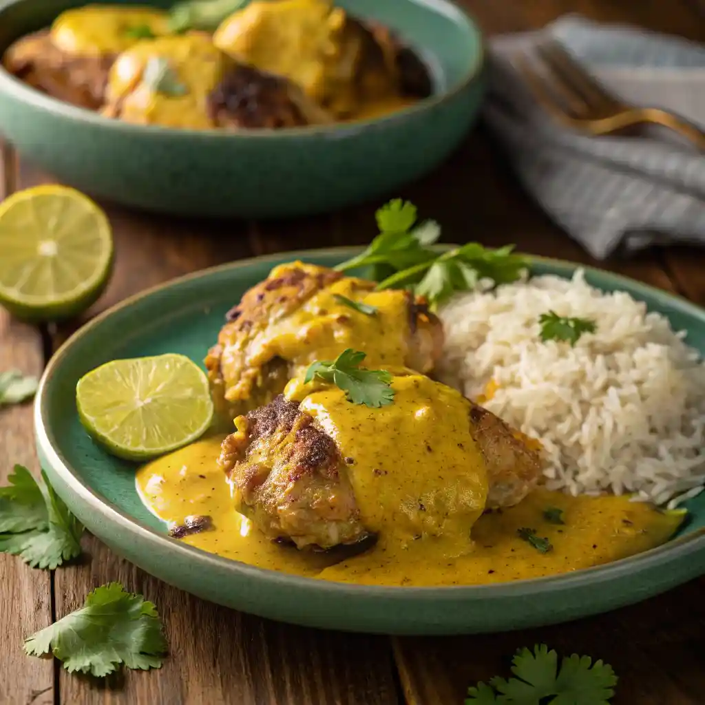 A vibrant plate of Churu Chicken Amarillo with creamy Aji Amarillo sauce.