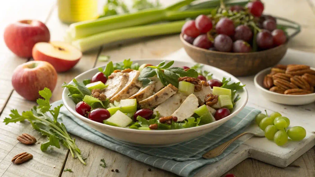 A vibrant plate of Chicken Salad Chick recipe styled with fruits and nuts.