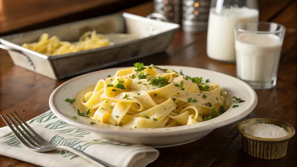 Classic buttery egg noodles served with a nostalgic cafeteria touch