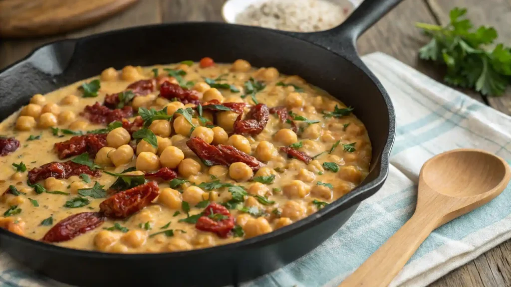 Close Up Of Creamy Marry Me Chickpea In A Skillet With Sun Dried Tomatoes And Herbs