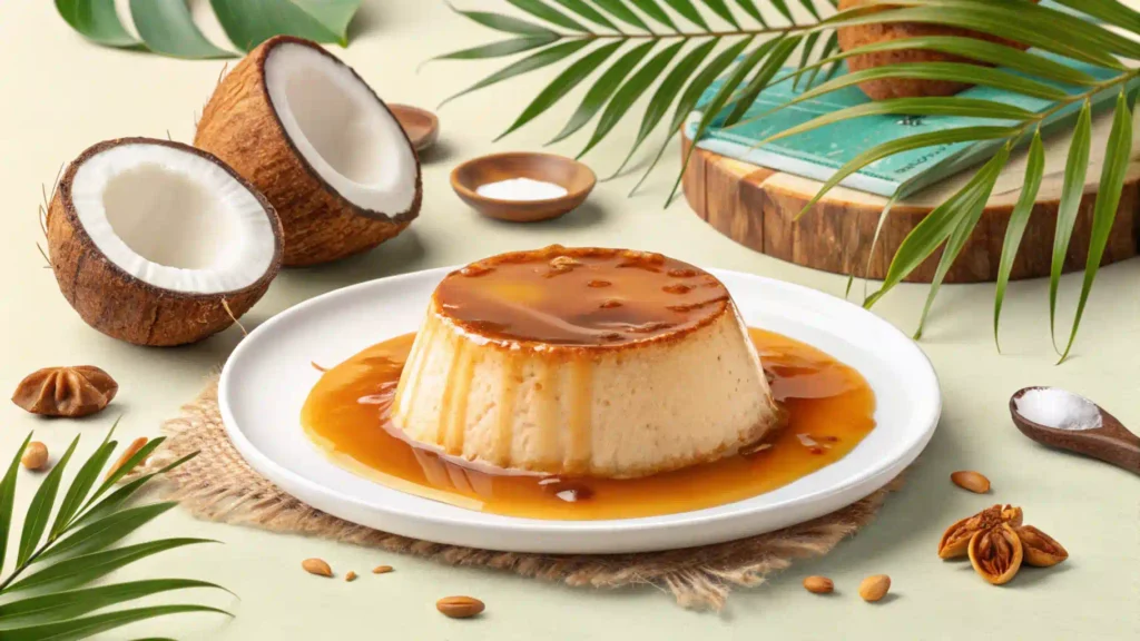 A creamy Coconut Flan with golden caramel topping on a white plate.