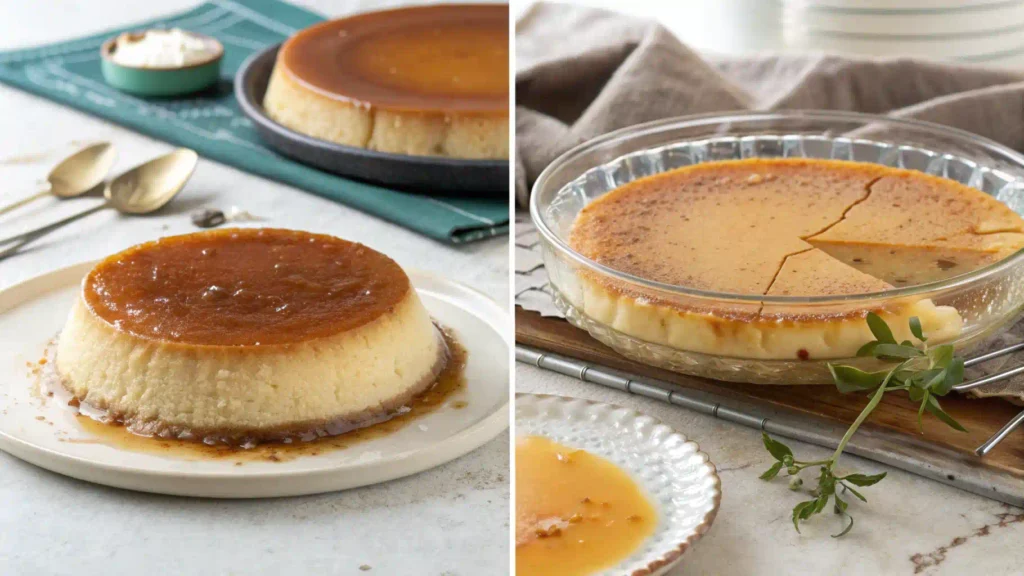 Comparison of perfect coconut flan and a cracked flan.