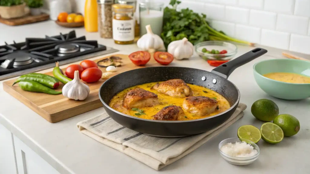 A skillet cooking Aji Amarillo sauce and chicken thighs for Churu Chicken Amarillo.