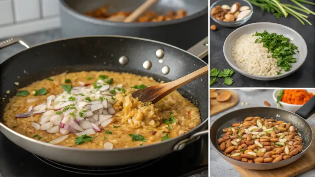 The cooking process of Terra Massoud recipe, including rice and garnishes.