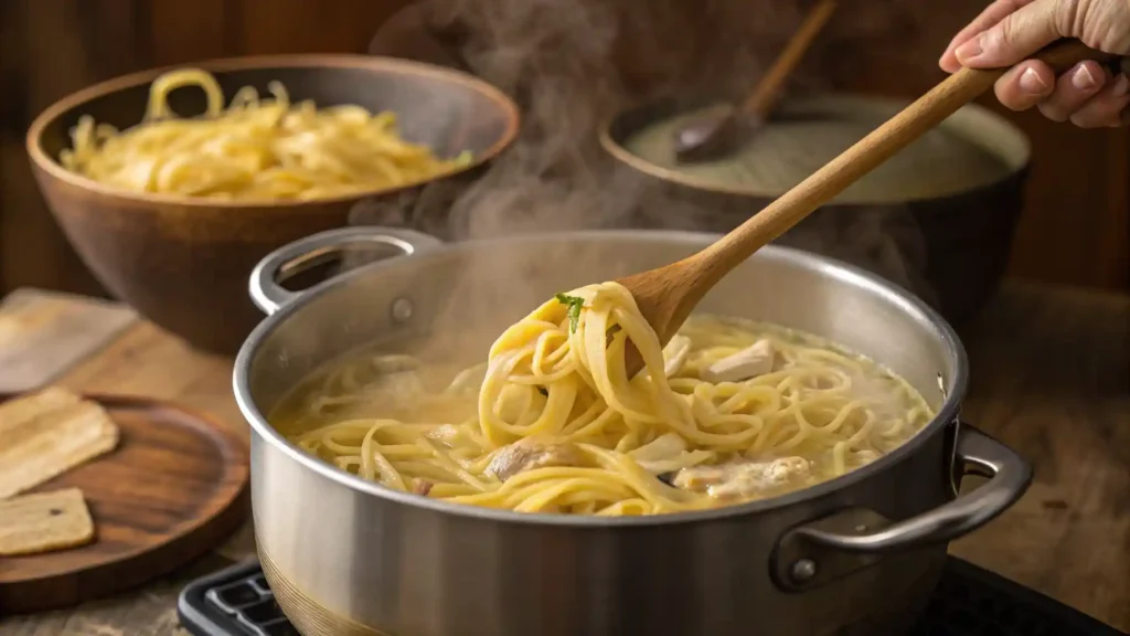 Cooking cafeteria noodles in a pot of chicken stock.