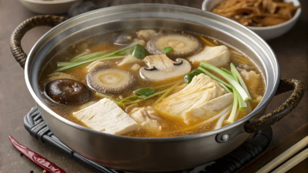 Simmering broth with fish maw and mushrooms for soup.