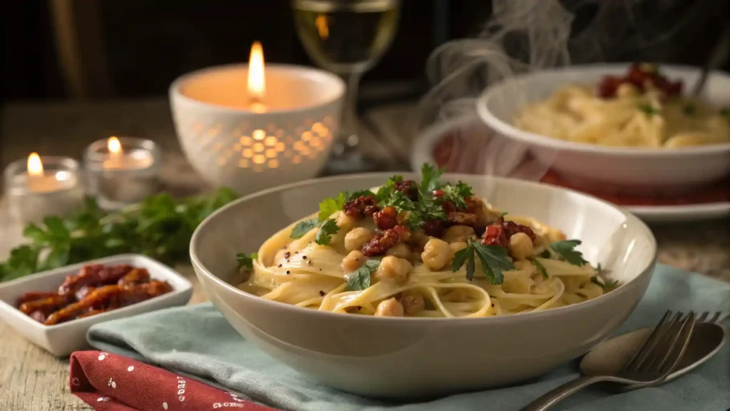 Creamy Marry Me Chickpea Served Over Pasta In A Romantic Dinner Setting