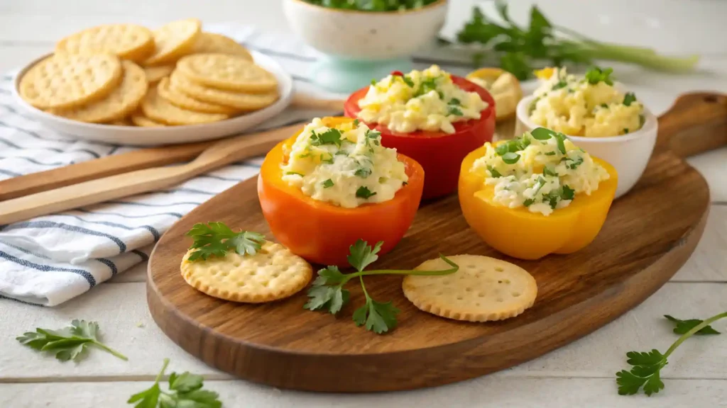 Egg salad served in mini bell pepper cups with crackers.