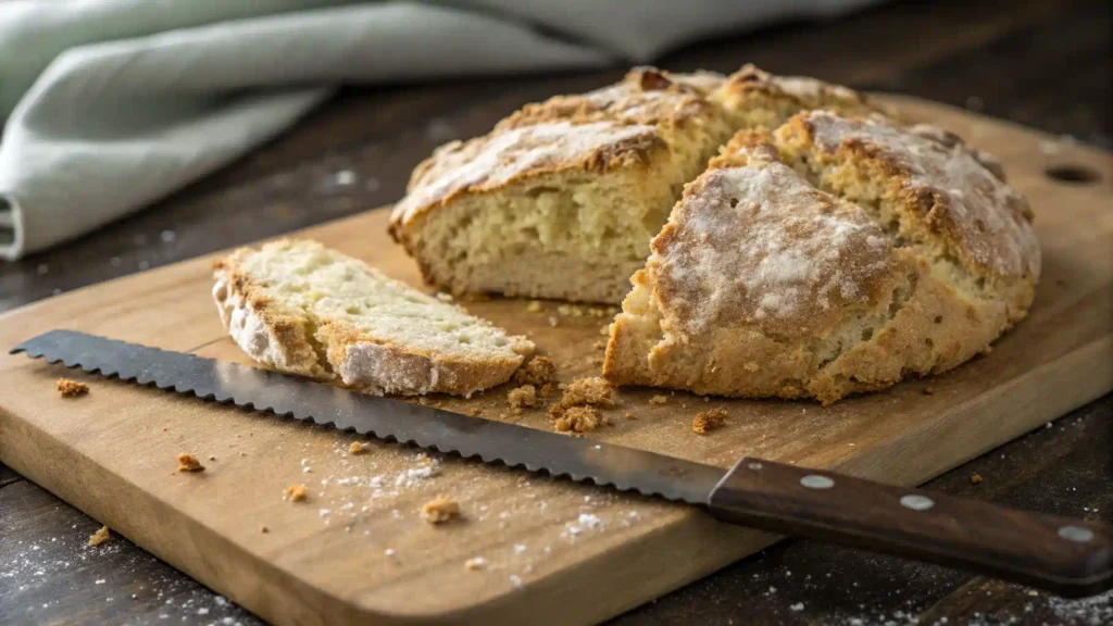 Crumbled Irish soda bread with flaky crust and loose crumb.