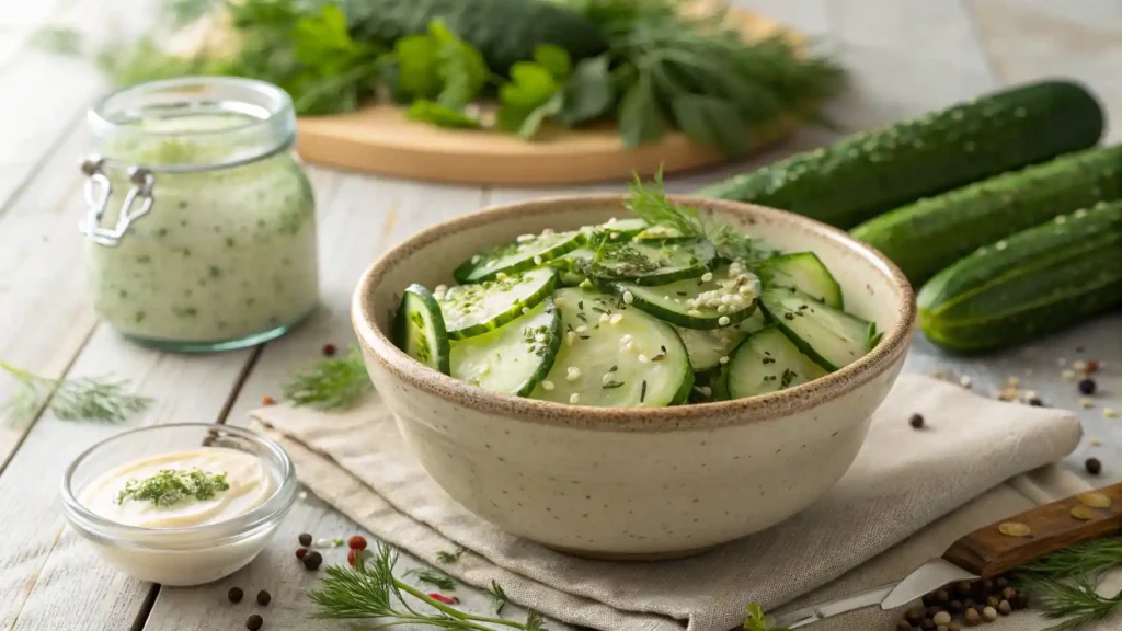 Cucumber Salad In A Rustic Ceramic Bowl With Dill And Sesame Seeds