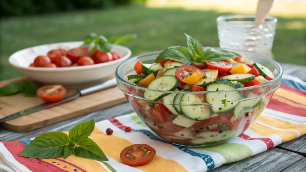 Cucumber Tomato Salad With Basil Leaves In A Glass Bowl On A Picnic Table