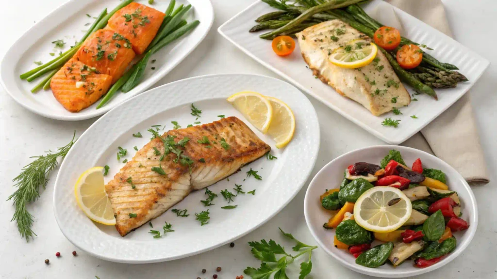 Beautiful spread of baked fish dishes with herbs and lemon