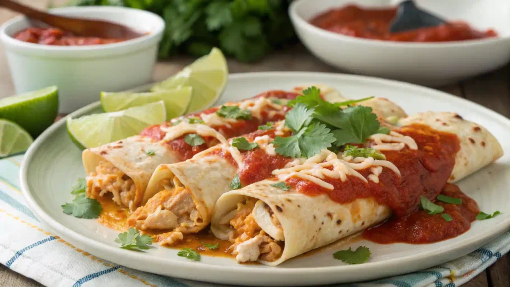 Perfect enchiladas topped with melted cheese, cilantro, and lime wedges.