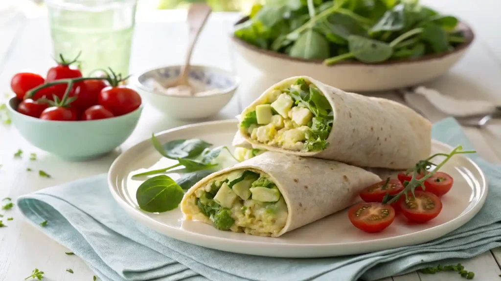 Edamame egg salad wrap with cherry tomatoes and greens