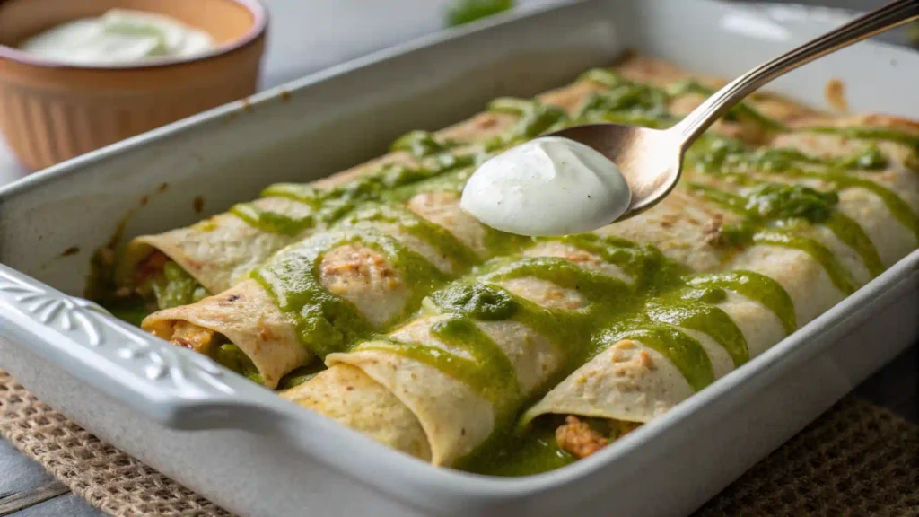 Close-up of enchiladas with green sauce, topped with sour cream.