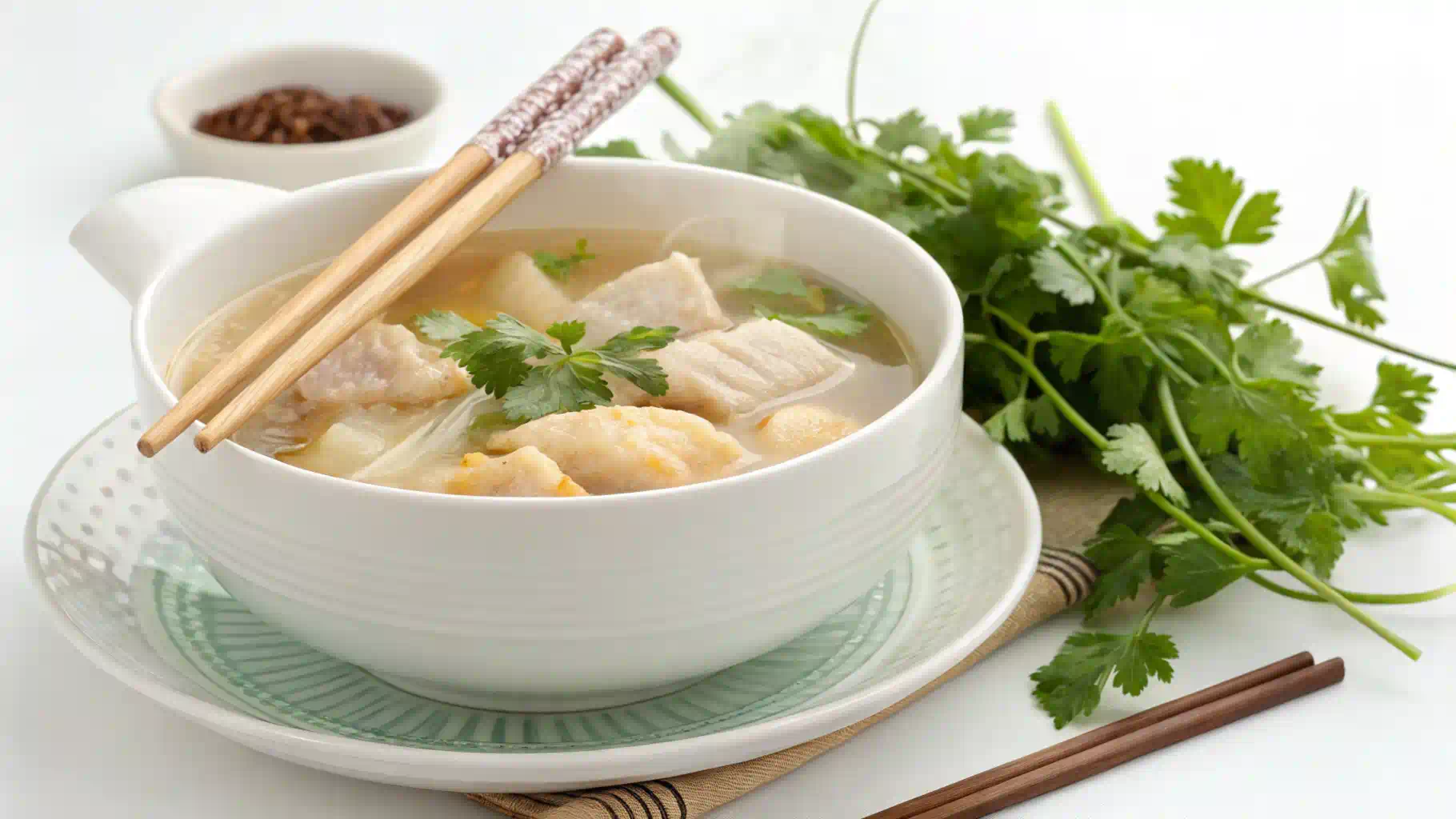 A bowl of fish maw soup with fresh herbs and mushrooms.