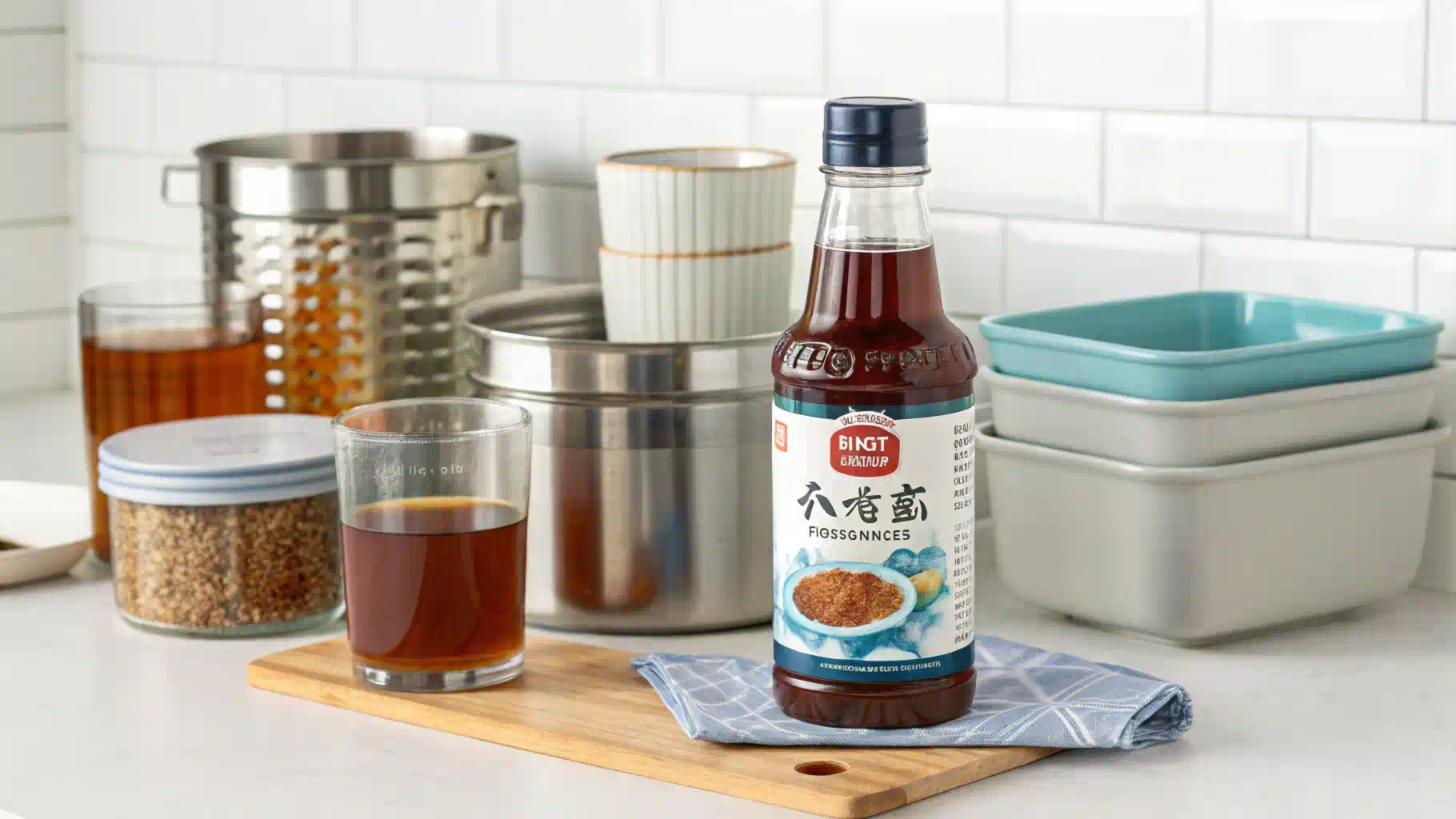 Fish sauce bottle with different storage containers on a countertop.