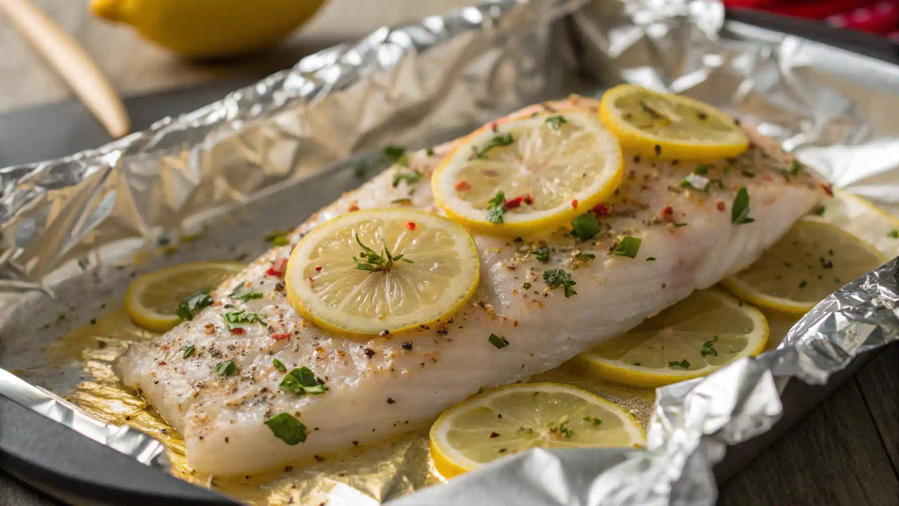 Fish fillet wrapped in foil, ready for baking