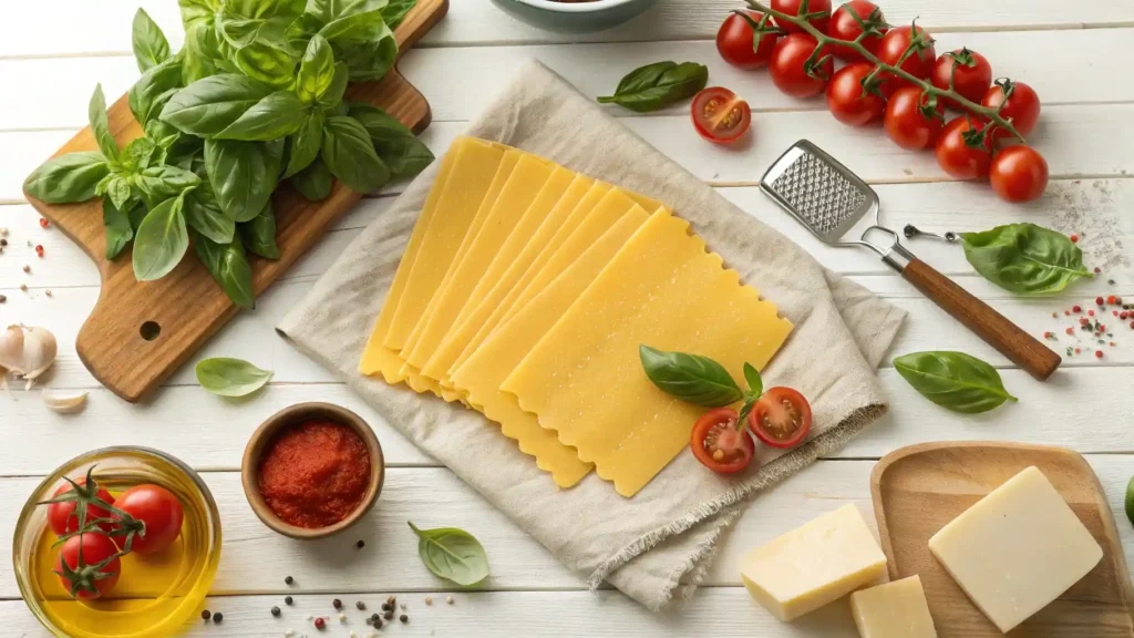 Flat Lay Of Uncooked Lasagna Sheets With Cooking Ingredients