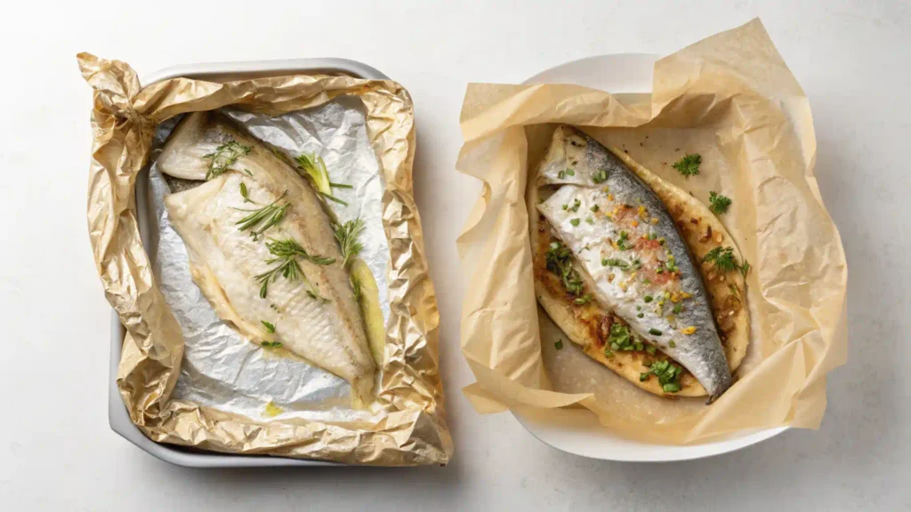 Alt Text: Foil and parchment paper fish baking comparison