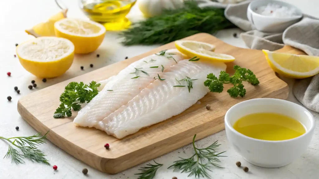 Fresh white fish fillets with lemon and herbs