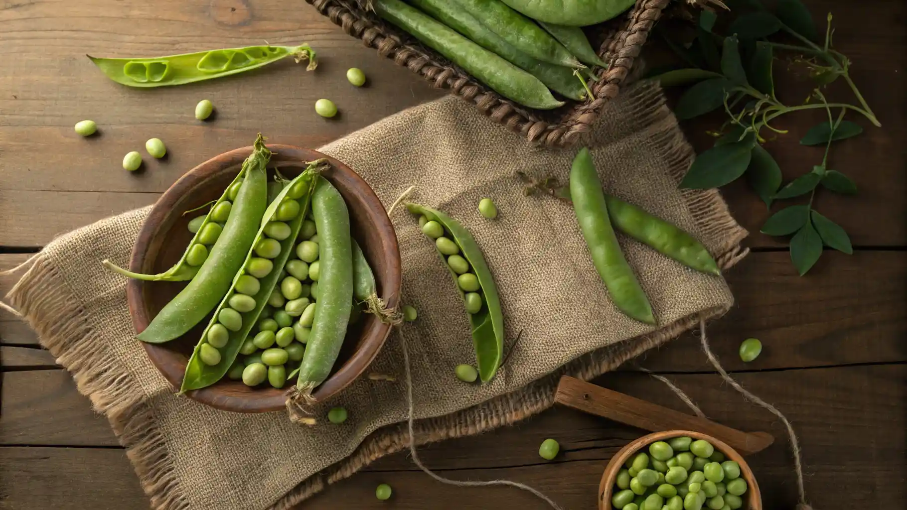 Fresh Fava Beans In Pods On A Wooden Table