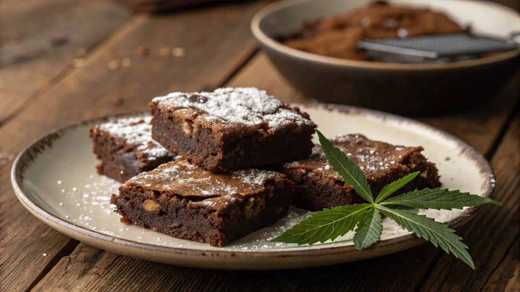 Plate of fresh hash brownies with a cannabis leaf nearby