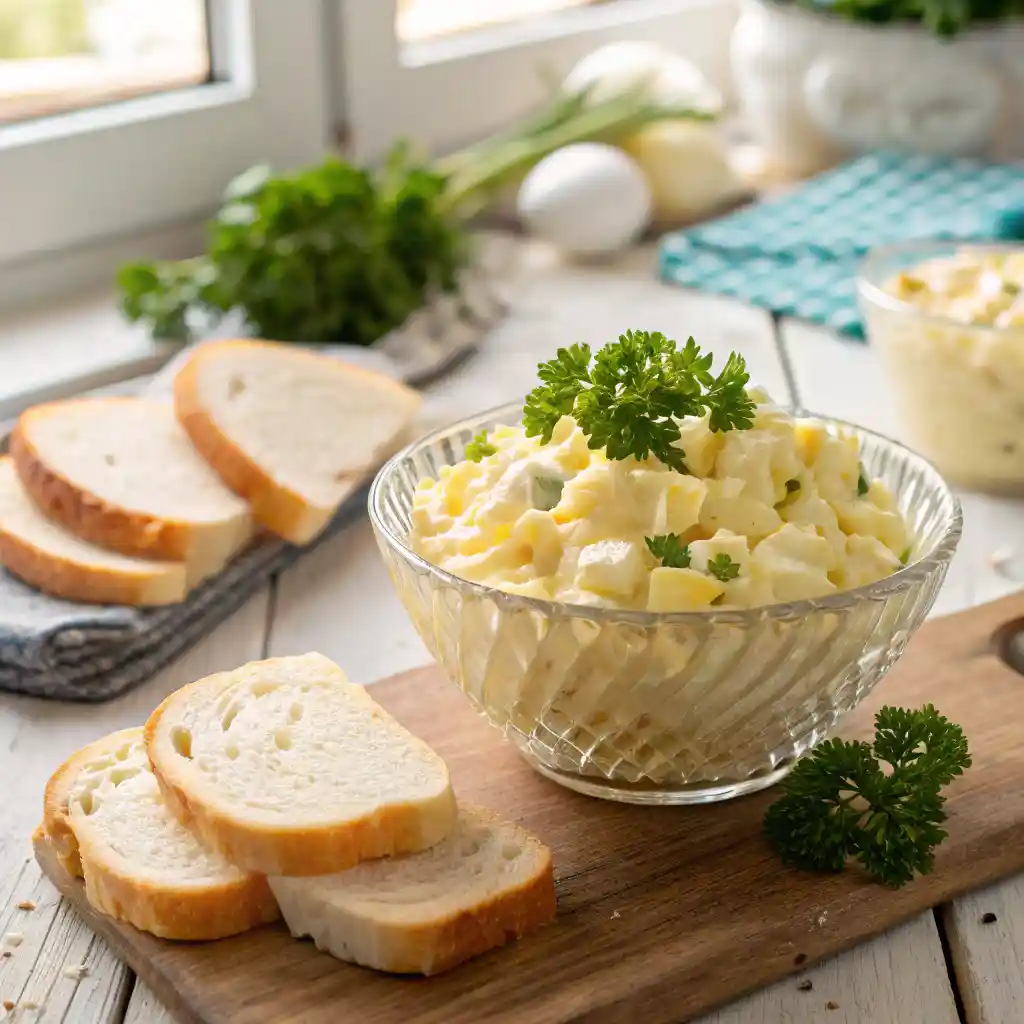 Creamy egg salad in a decorative glass bowl with garnishes