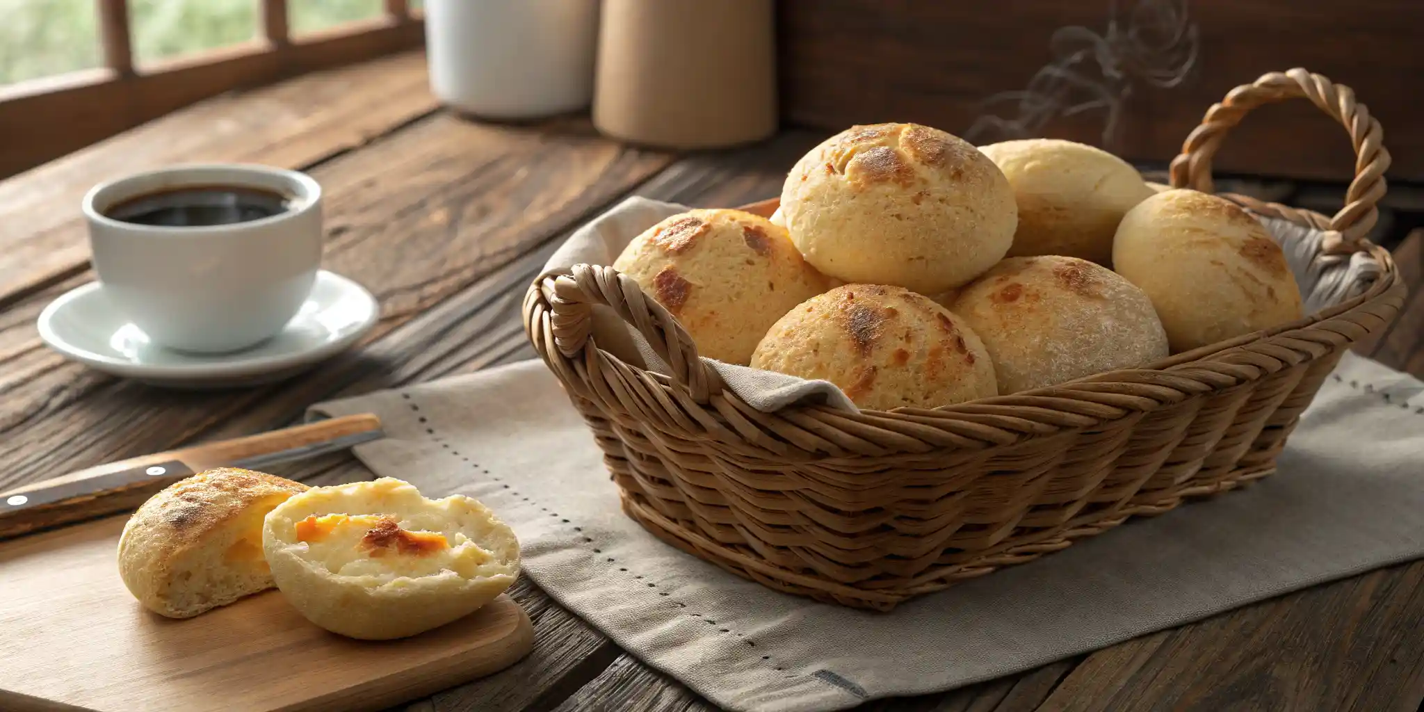 Freshly Baked Pan De Bono With Coffee On A Wooden Table